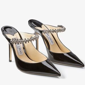 NWOT EU37 Jimmy Choo BING 100MM Black Patent Crystal-Strap Pointed Toe Stilettos